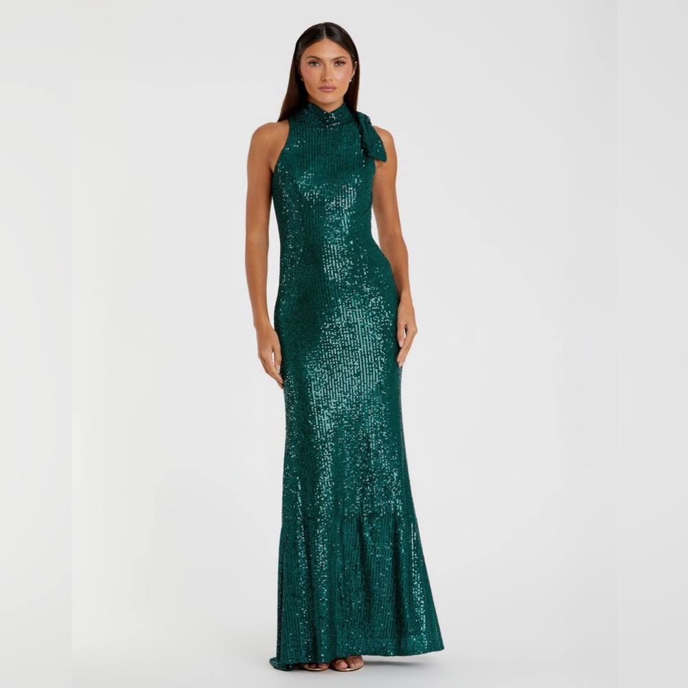 Mac Duggal Sequined Soft Tie Halter Neck Column Gown 11280